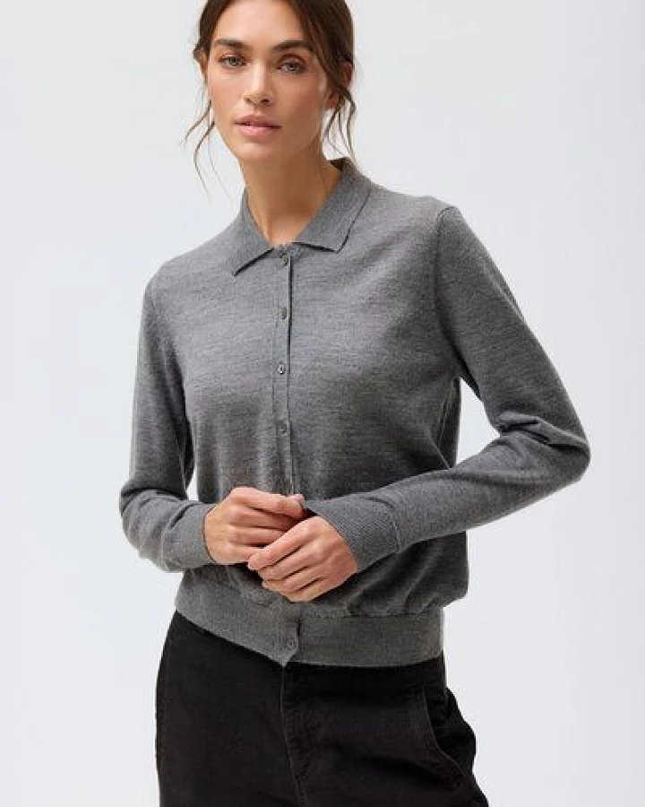 People Wear Organic Merino Strickjacke Polokragen, grau mélange