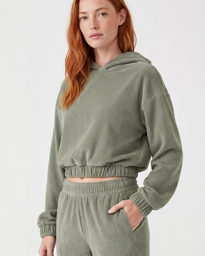 ORGANICATION Damen vegan Kurzer Hoodie Aus Cord Olivgrün