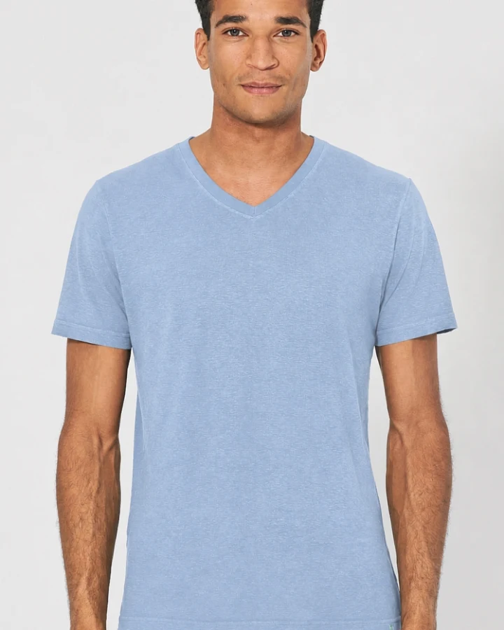 Hempage Herren vegan T-Shirt V-Ausschnitt Slim Fit Wasserblau