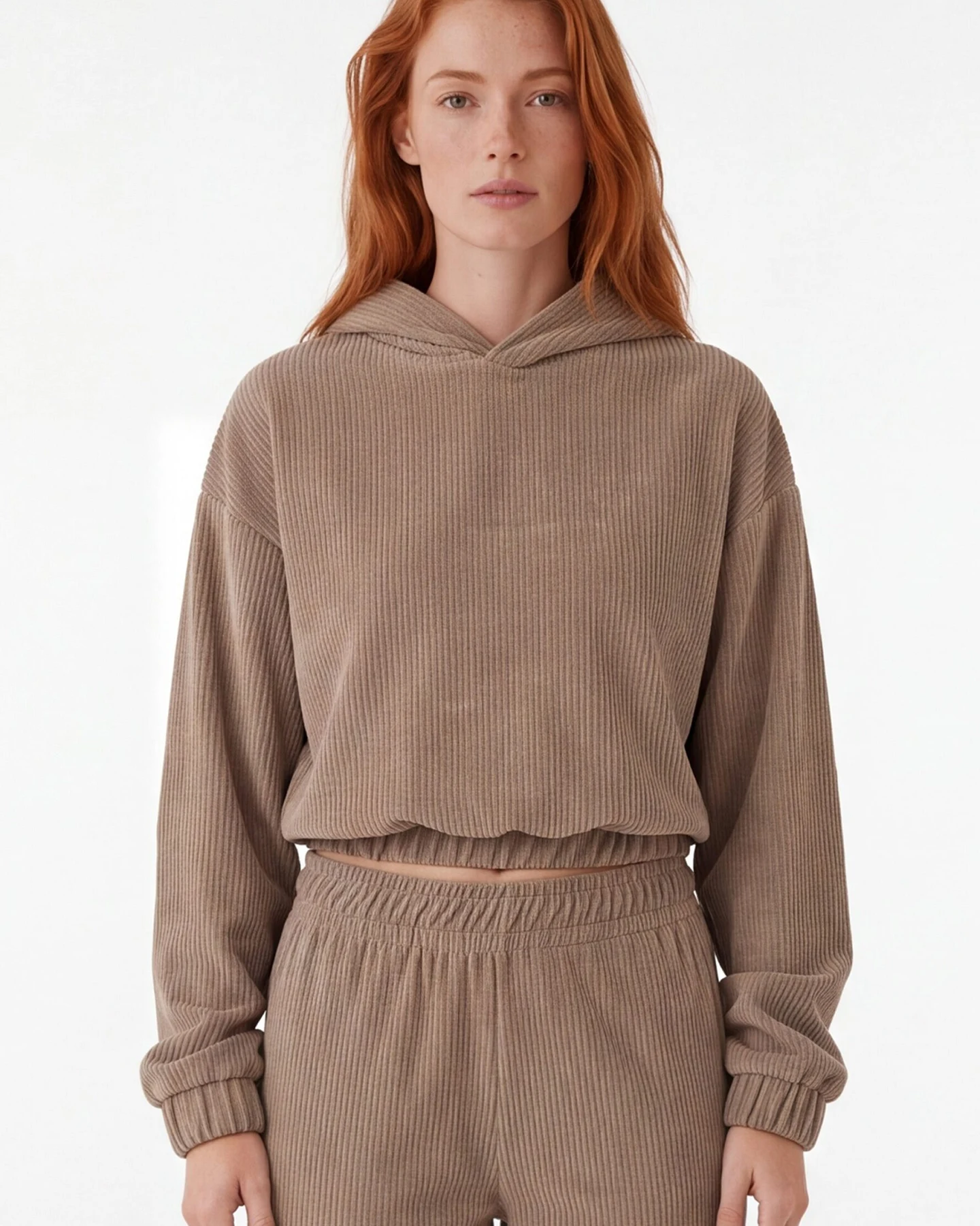 ORGANICATION Damen vegan Kurzer Hoodie Aus Cord Kiesbraun – Ansicht 2