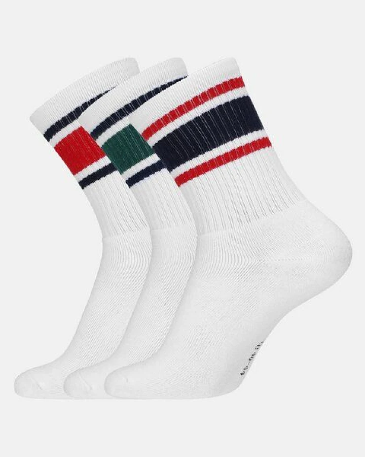 Copenhagen Bamboo 3 Paar weiße Tennissocken aus Bambus mit grün/blau/roten Streifen und langer Rippe