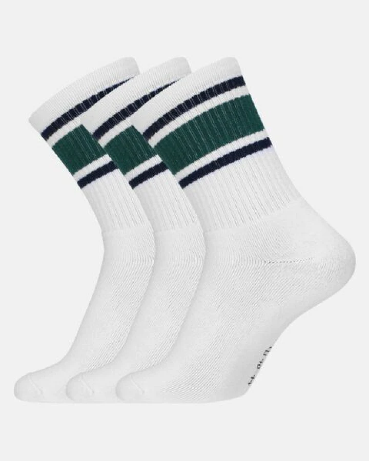 Copenhagen Bamboo 3 Paar weiße Tennissocken aus Bambus mit grün/blauen Streifen und langer Rippe