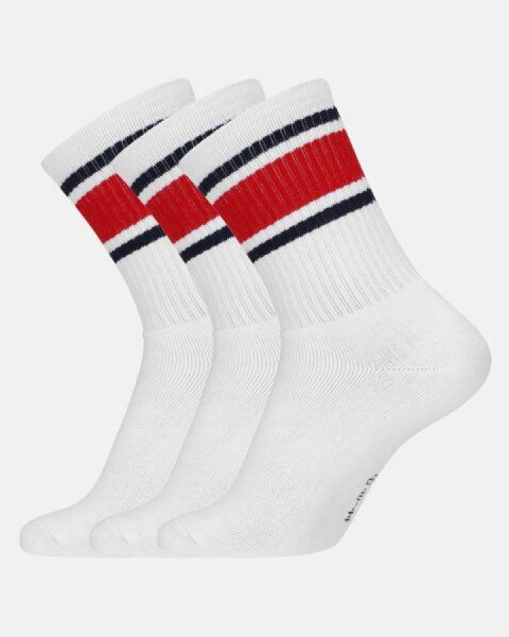 Copenhagen Bamboo 3 Paar weiße Tennissocken aus Bambus mit rot/blauen Streifen und langer Rippe