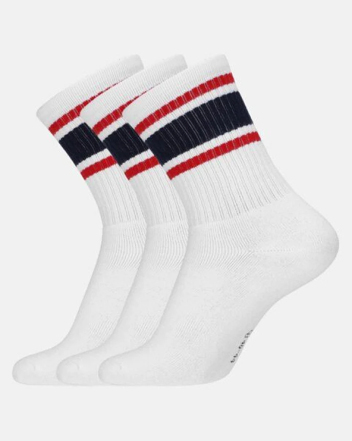 Copenhagen Bamboo 3 Paar weiße Tennissocken aus Bambus mit blau/roten Streifen und langer Rippe