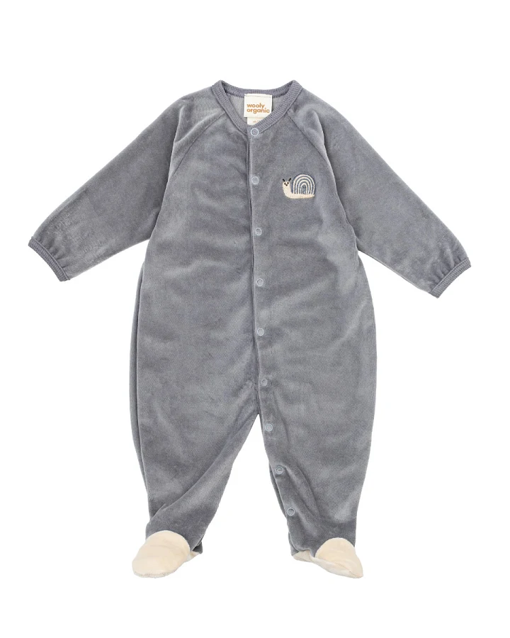 Wooly Organic - Samt-Strampler mit Fuß "Schnecke" night owl