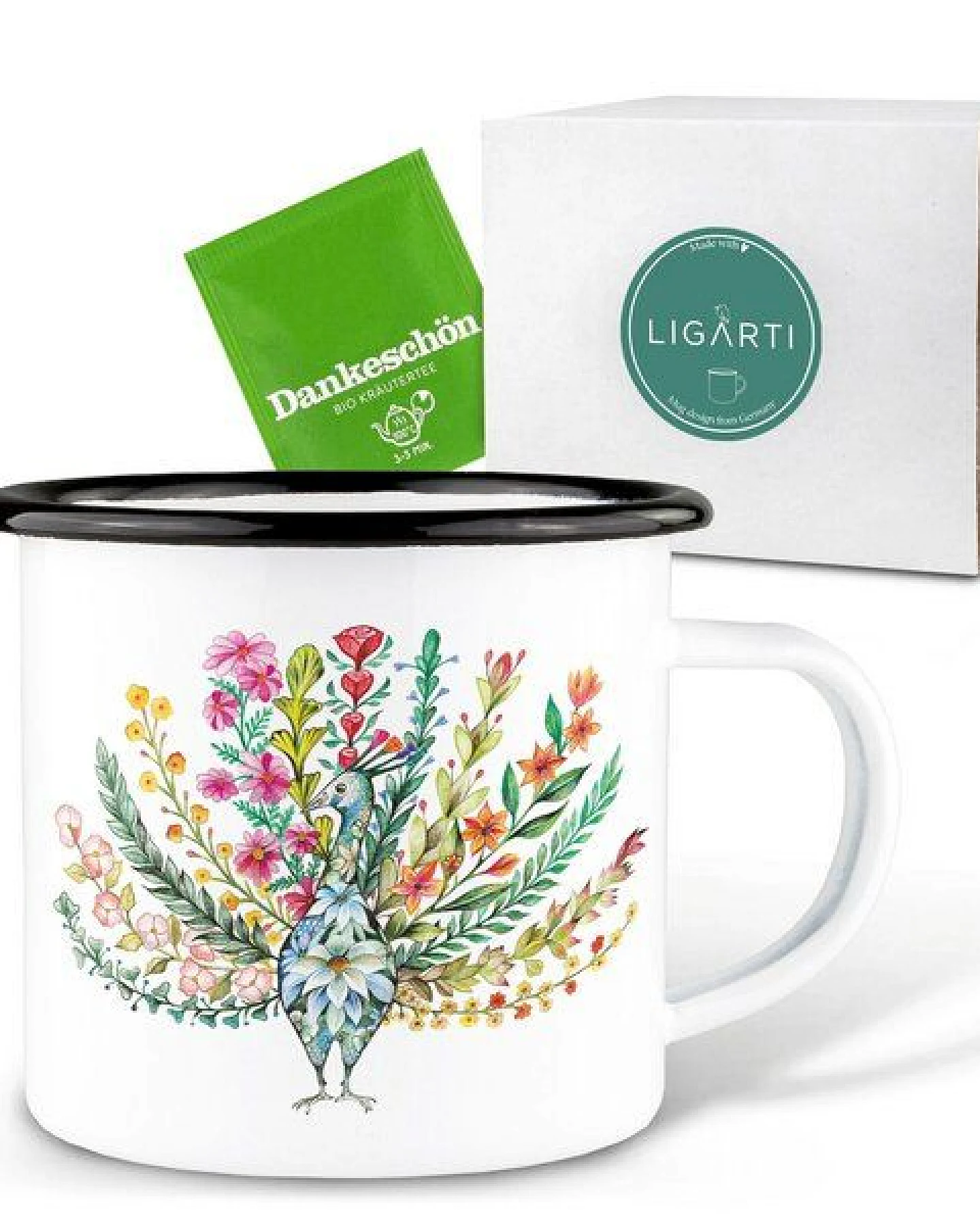 Emaille Tasse – Blumenpfau – LIGARTI Tiermanufaktur – Ansicht 3