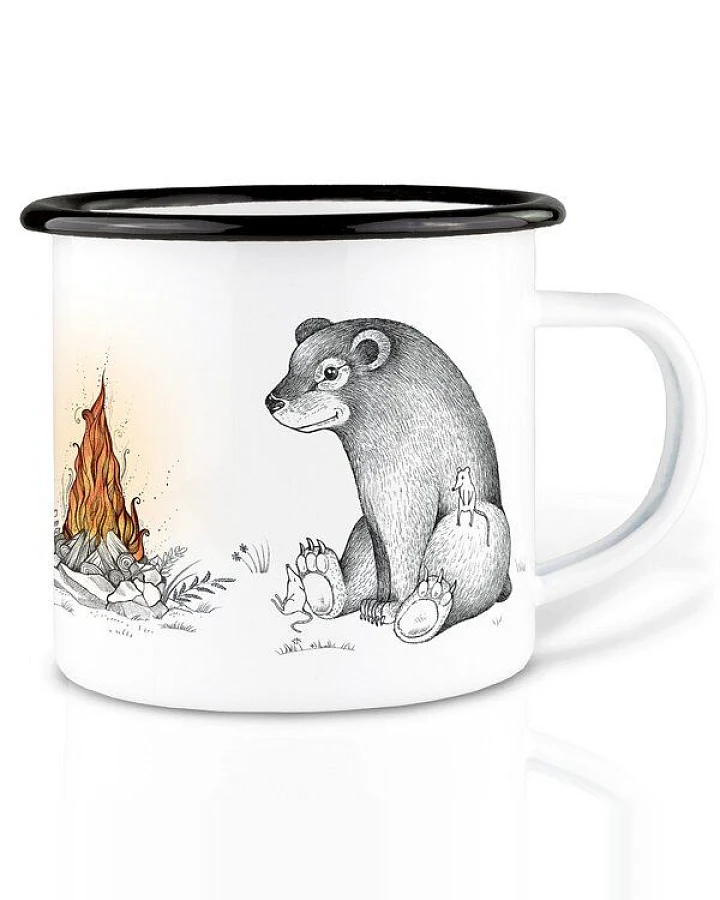 Emaille Tasse – Hirsch, Bär und Fuchs am Lagerfeuer – LIGARTI Tiermanufaktur