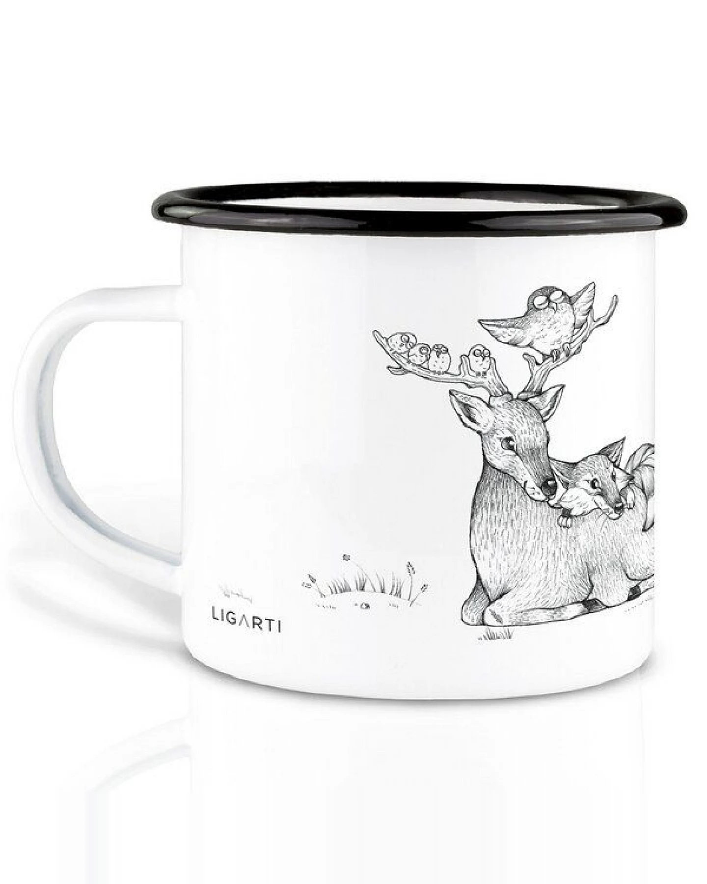 Emaille Tasse – Hirsch, Bär und Fuchs am Lagerfeuer – LIGARTI Tiermanufaktur – Ansicht 2
