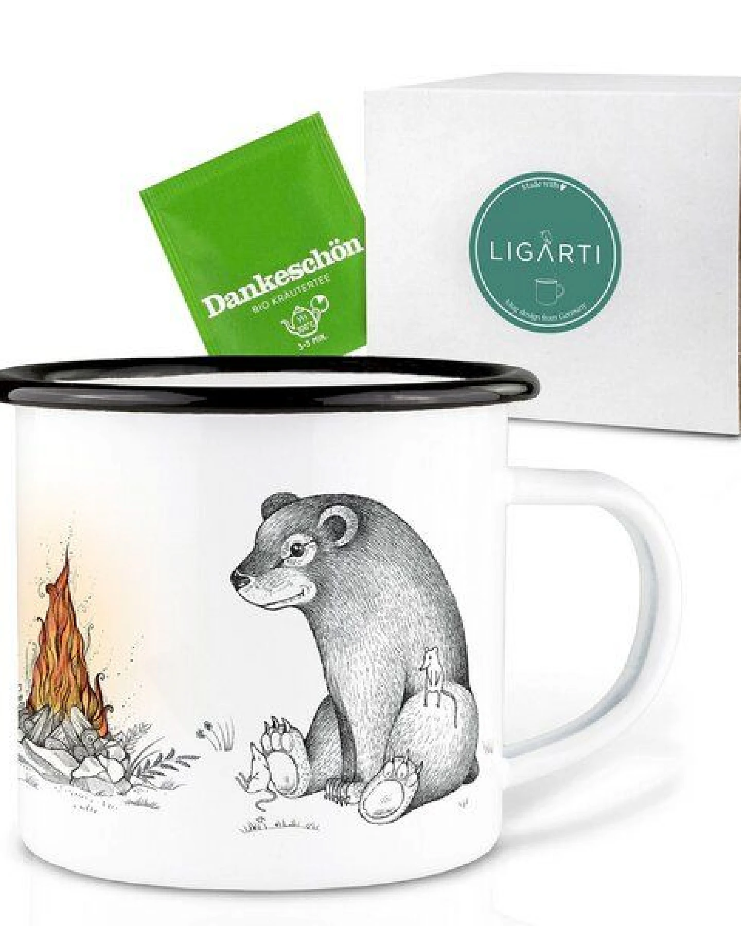 Emaille Tasse – Hirsch, Bär und Fuchs am Lagerfeuer – LIGARTI Tiermanufaktur – Ansicht 3