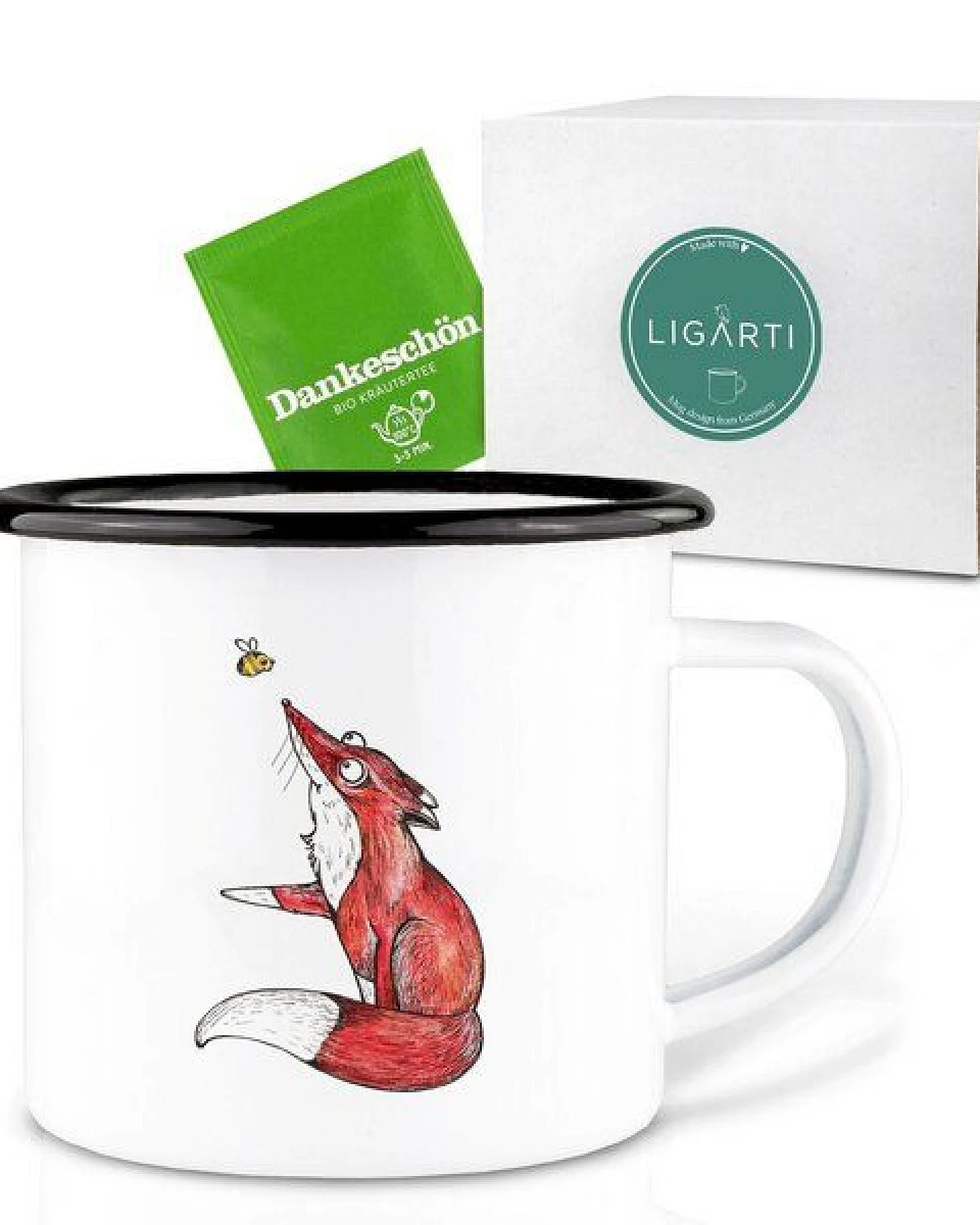 Emaille Tasse – Wegweiser (Fuchs & Biene) – LIGARTI Tiermanufaktur – Ansicht 3