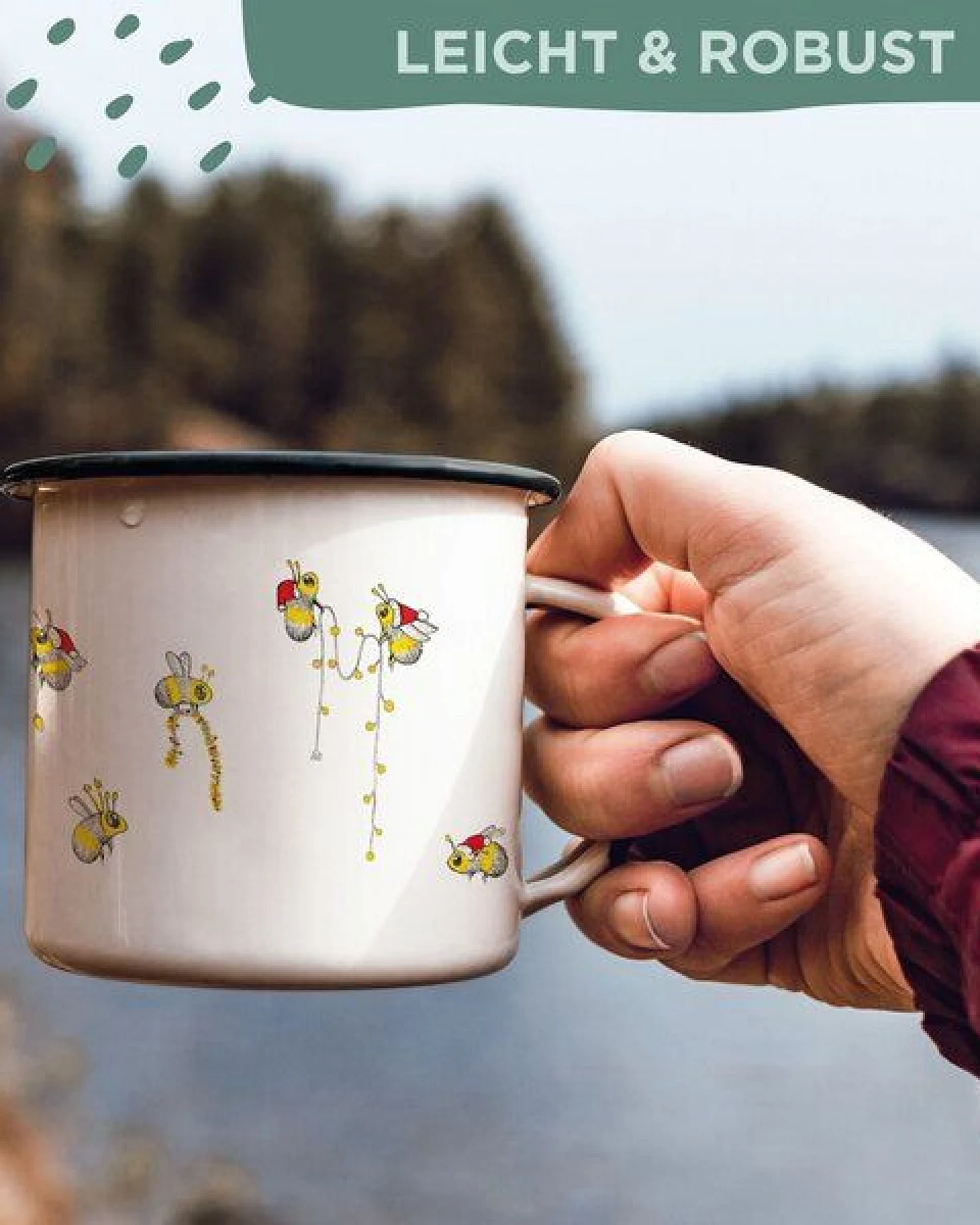 Emaille Tasse – Weihnachtsbienen – LIGARTI Tiermanufaktur – Ansicht 4