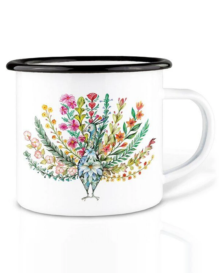 Emaille Tasse – Blumenpfau – LIGARTI Tiermanufaktur
