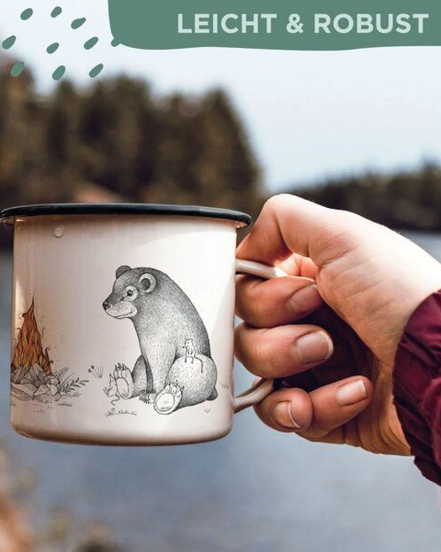 Emaille Tasse – Hirsch, Bär und Fuchs am Lagerfeuer – LIGARTI Tiermanufaktur – Ansicht 4