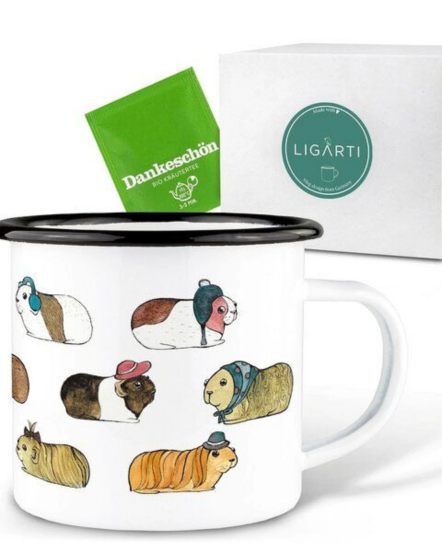 Emaille Tasse – Meerschweinchen flanieren – LIGARTI Tiermanufaktur – Ansicht 3