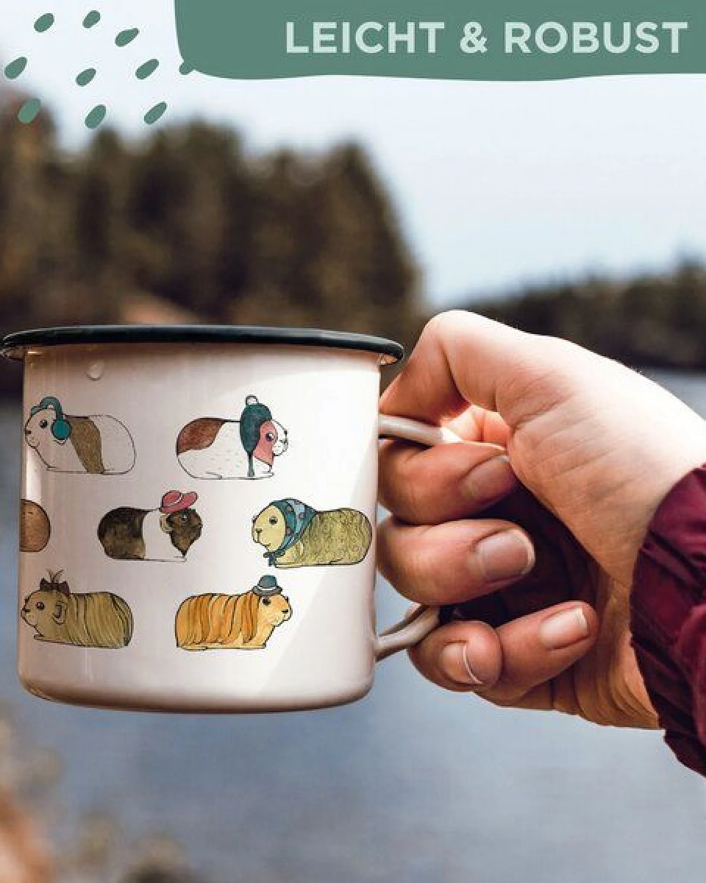 Emaille Tasse – Meerschweinchen flanieren – LIGARTI Tiermanufaktur – Ansicht 4