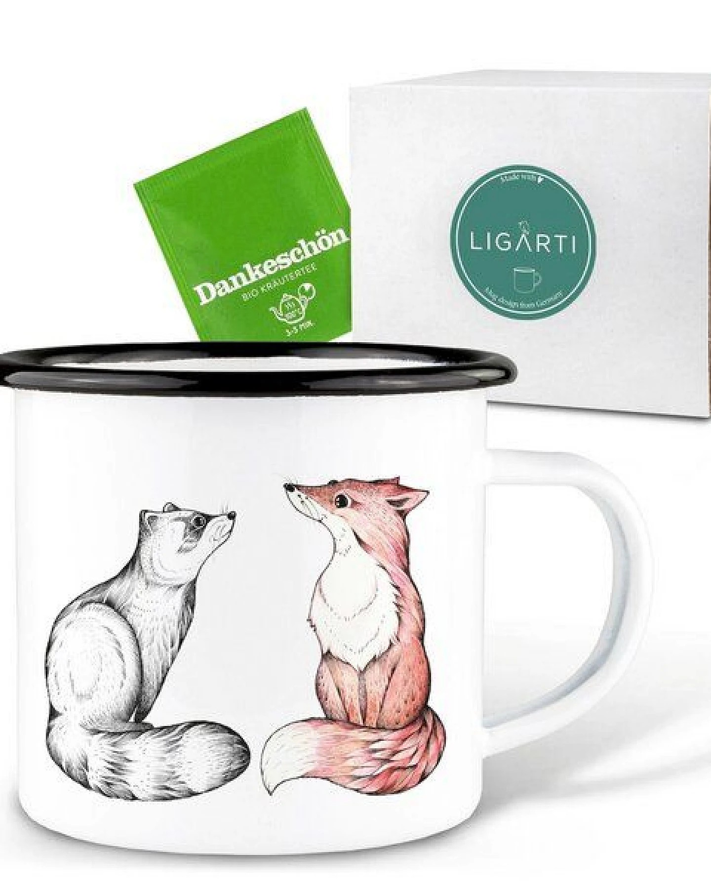 Emaille Tasse – Natalie & Peter – LIGARTI Tiermanufaktur – Ansicht 3