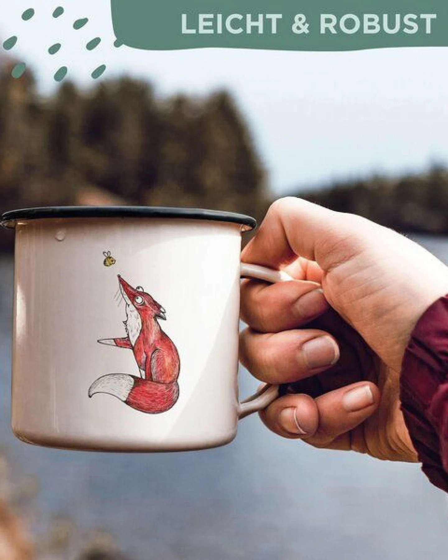 Emaille Tasse – Wegweiser (Fuchs & Biene) – LIGARTI Tiermanufaktur – Ansicht 4