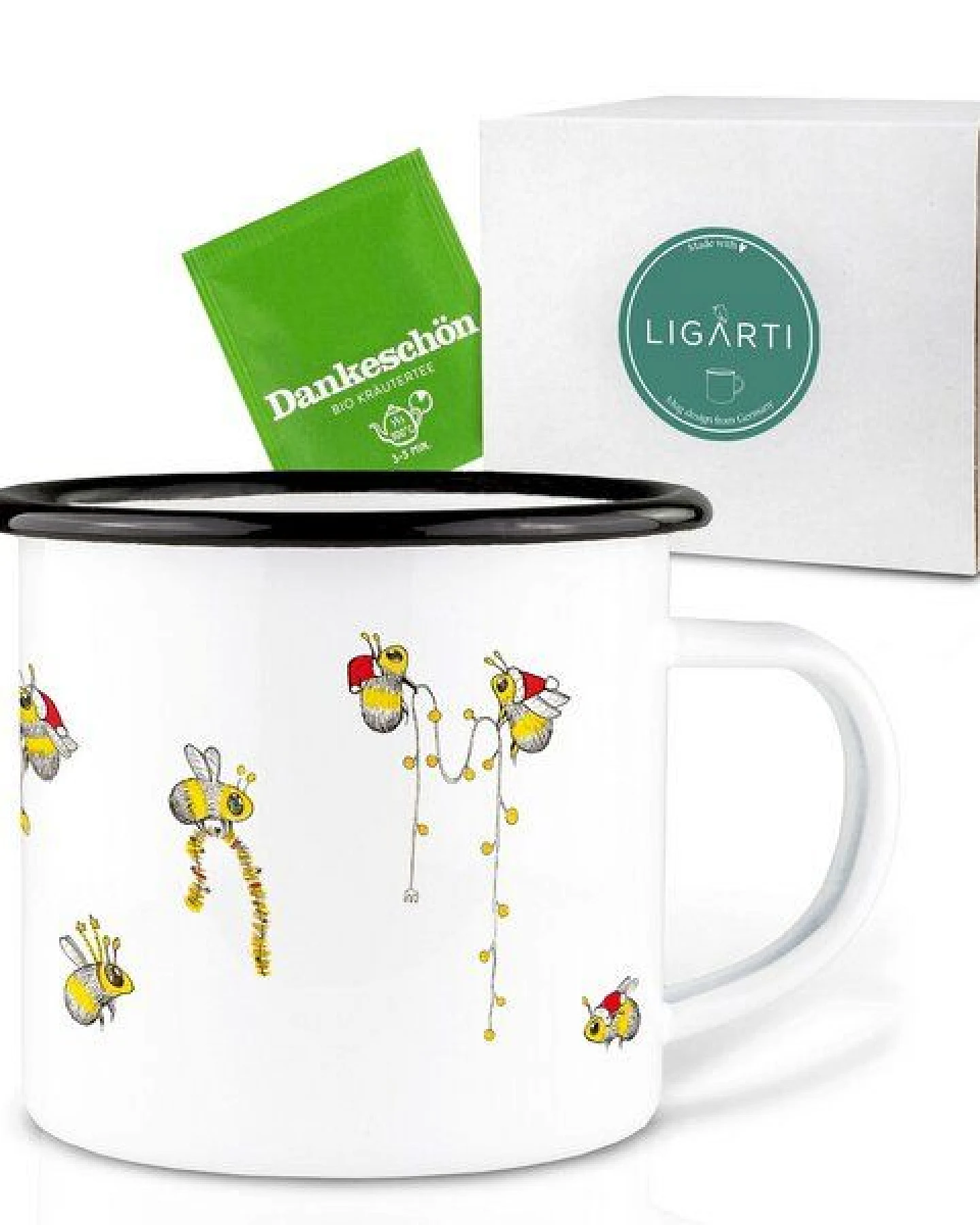 Emaille Tasse – Weihnachtsbienen – LIGARTI Tiermanufaktur – Ansicht 3