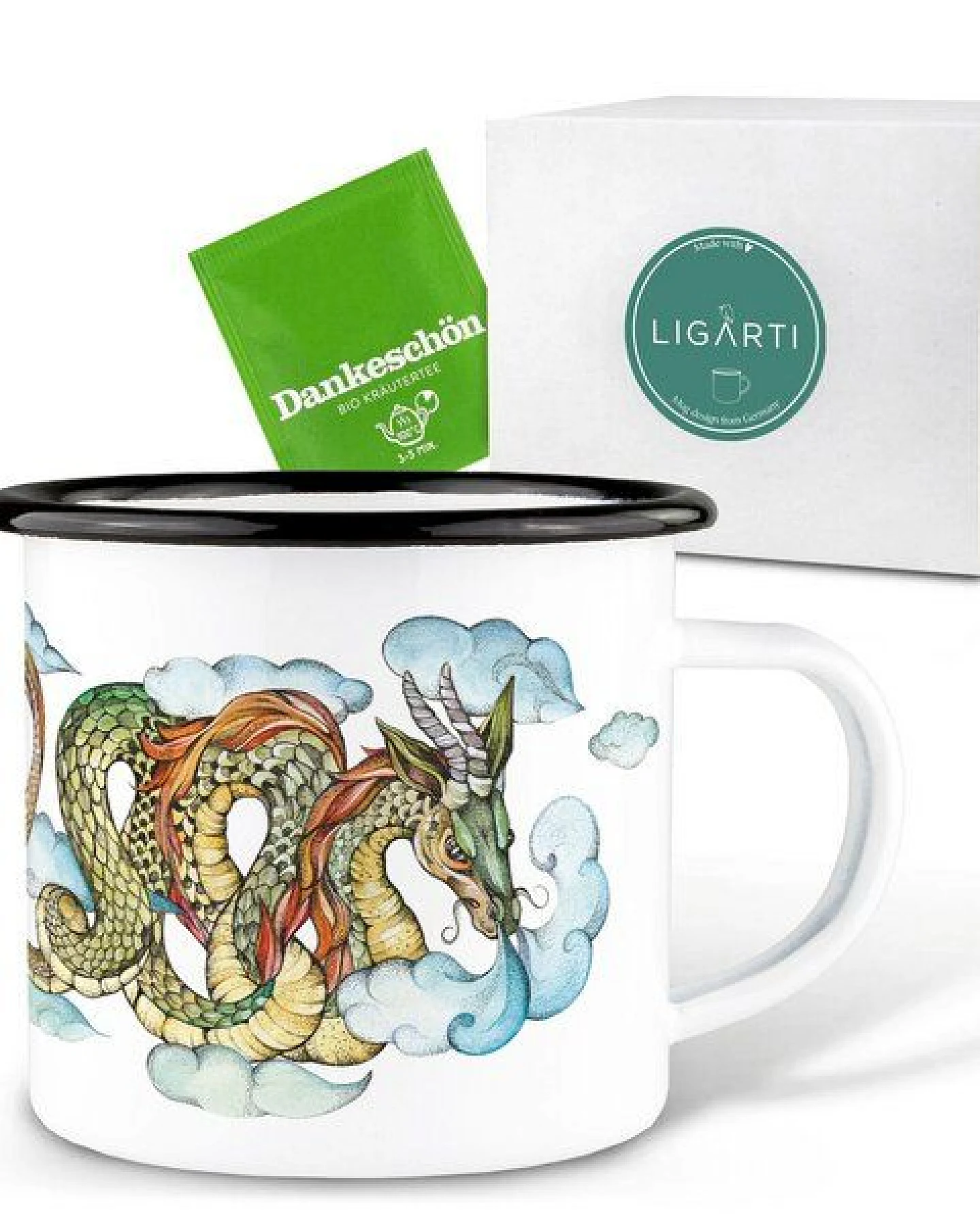 Emaille Tasse – Wolkendrache – LIGARTI Tiermanufaktur – Ansicht 3