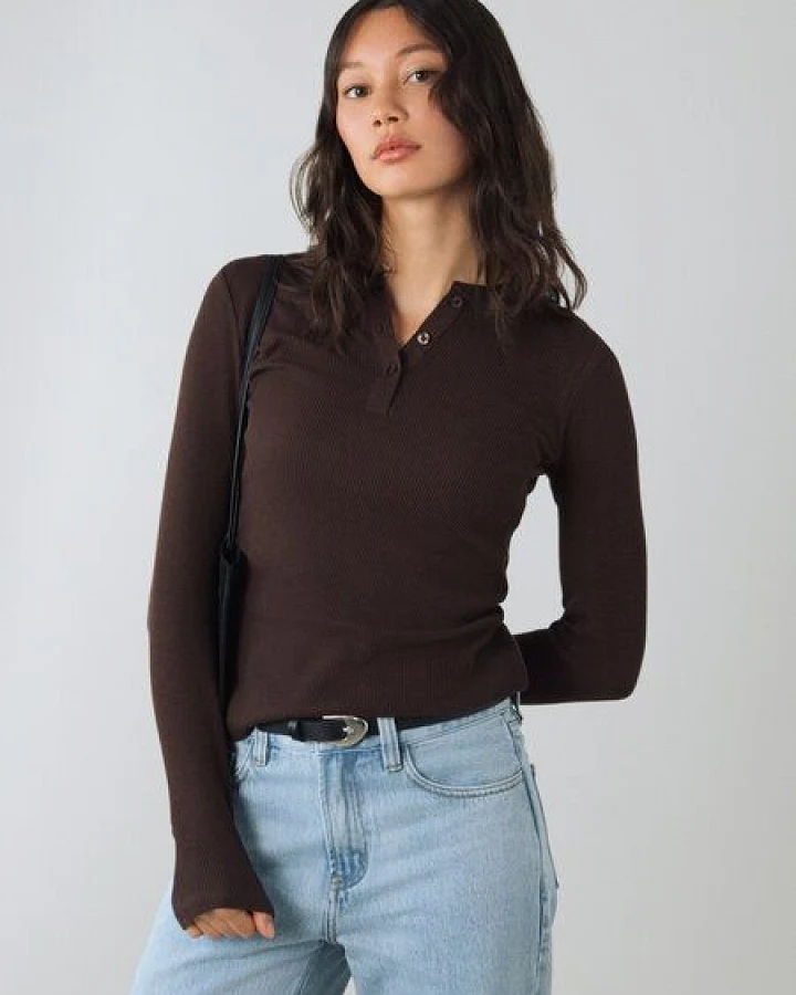 Honest Basics Damen Henley Langarmshirt aus Bio- und recycelter Baumwolle