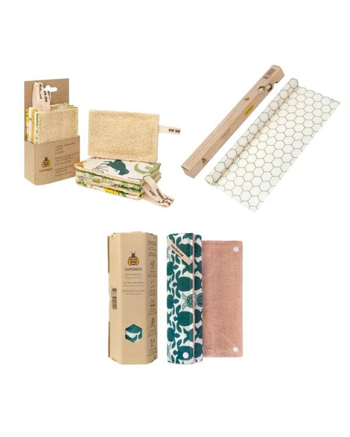 SuperBee Küchen-Set – 5 Luffa-Spülschwämme, waschbare Küchenrolle & Bienenwachstuch-Rolle 33 × 90 cm