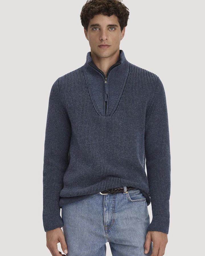 Produktseite: hessnatur Herren Double Knit Troyer Regular aus Bio-Baumwolle, Bio-Merinowolle und recycelter Wolle - blau - Größe L