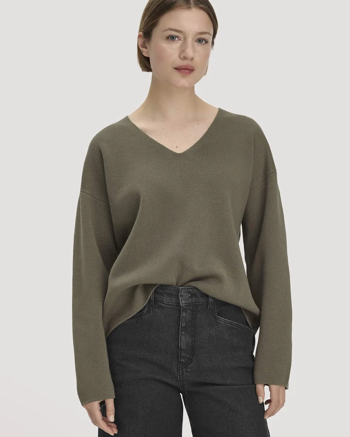 hessnatur Damen Pullover Oversize aus Bio-Baumwolle mit Schurwolle - grün - Größe L