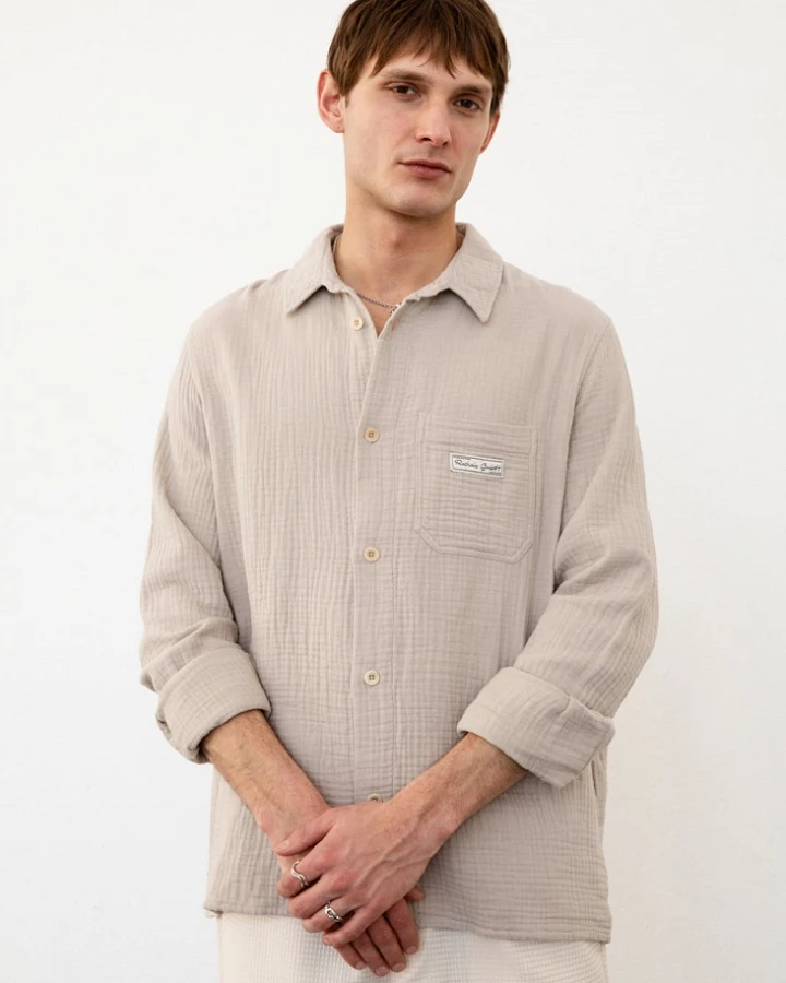 Rotholz Herren vegan Hemd Musselin Sand