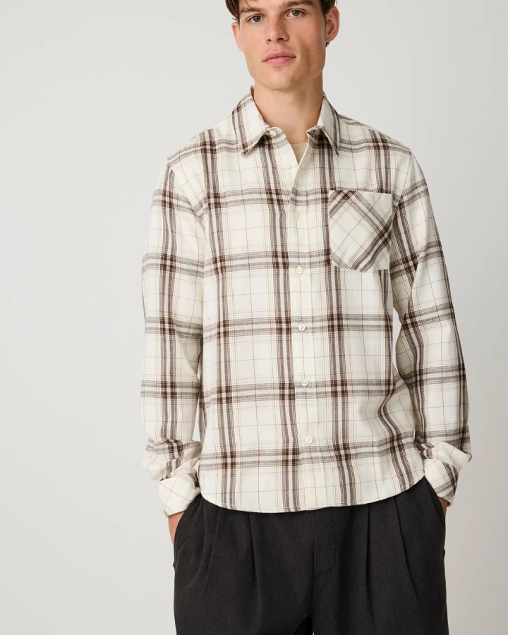 KnowledgeCotton Apparel Herren vegan Hemd Dune Regular Fit Kariertes Flanellhemd, Cremefarben