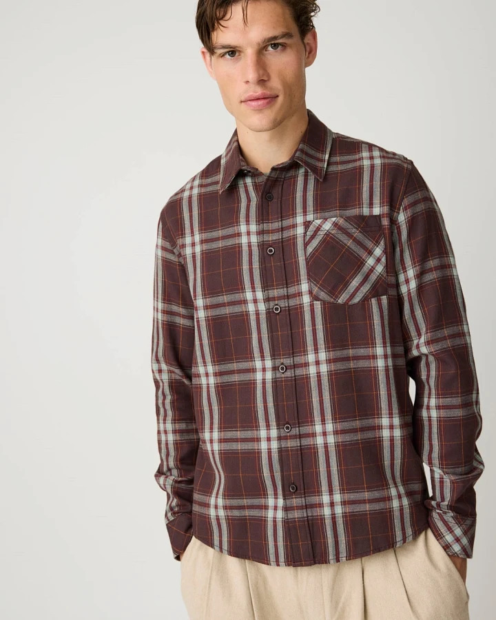 KnowledgeCotton Apparel Herren vegan Hemd Dune Reguläres Karomuster Flanell Dunkelbraun