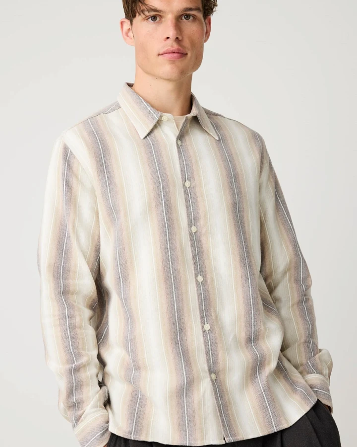 KnowledgeCotton Apparel Herren vegan Hemd Dune Regular Stripe Cremefarben Gestreift