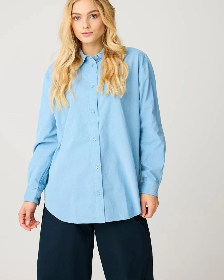 KnowledgeCotton Apparel Damen vegan Hemd Vega Relaxed Aus Cord Gletschersee Blau
