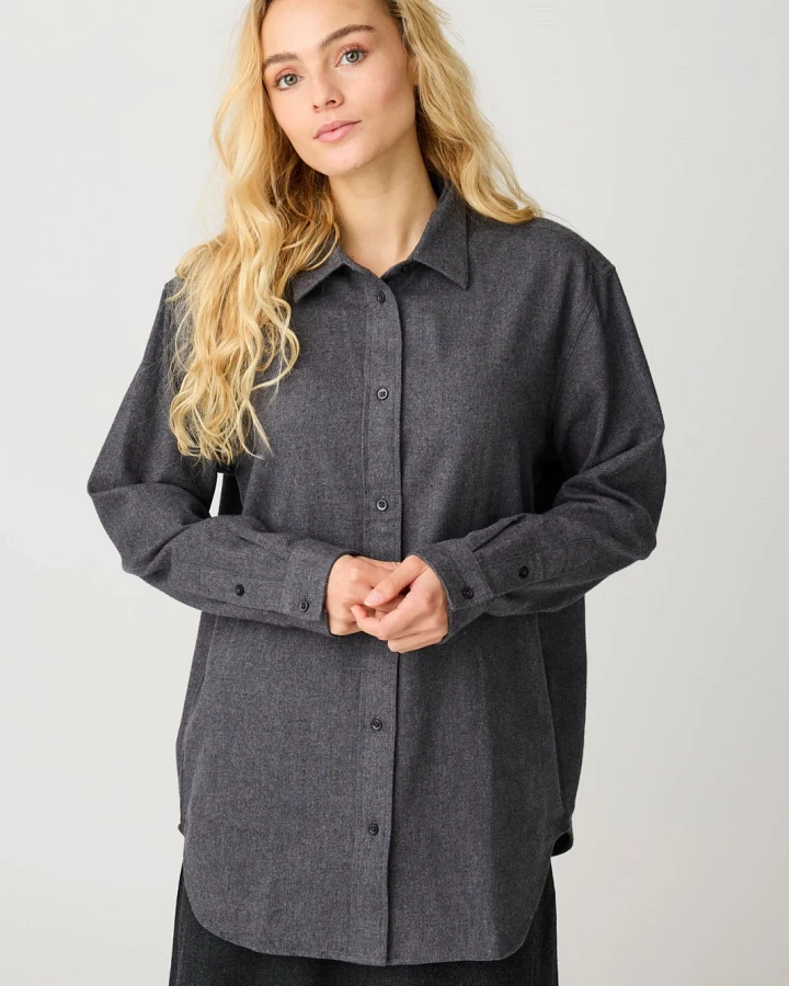 KnowledgeCotton Apparel Damen vegan Hemd Vega Lockere Passform Flanell Dunkelgrau Meliert