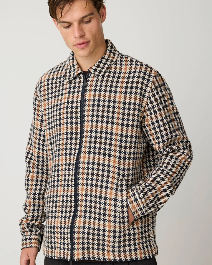 KnowledgeCotton Apparel Herren vegan Overshirt Mit Reißverschluss Hahnentrittmuster Dunkelbraun Kariert