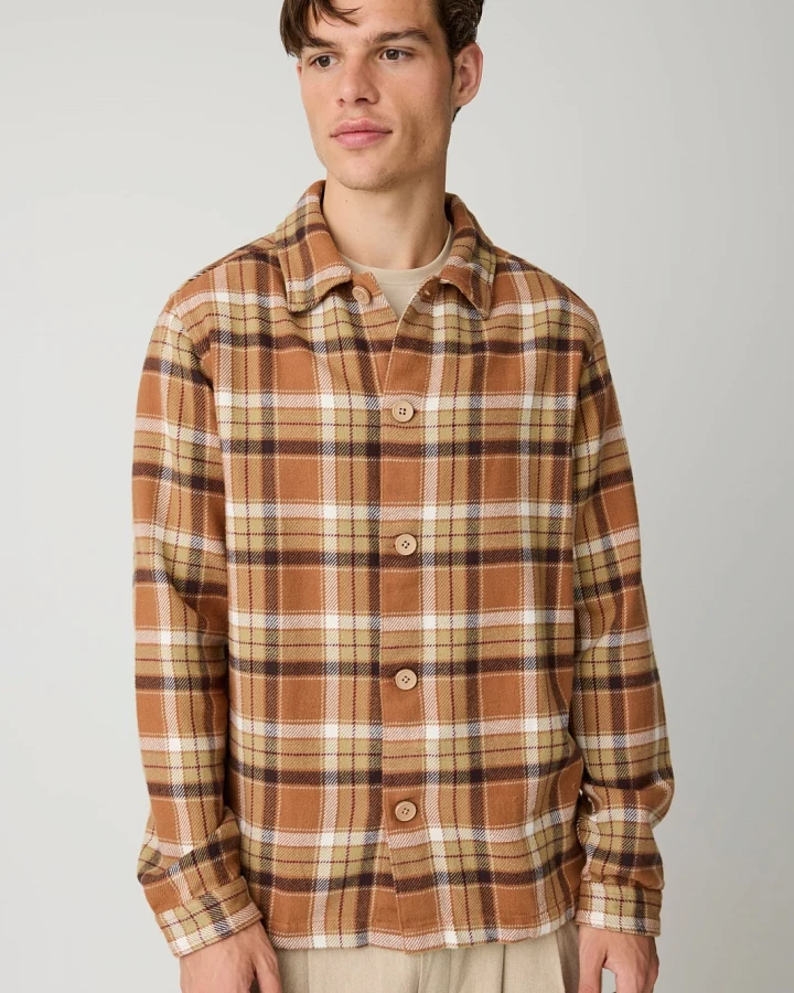 KnowledgeCotton Apparel Herren vegan Overshirt Flannel Check Beige Kariert