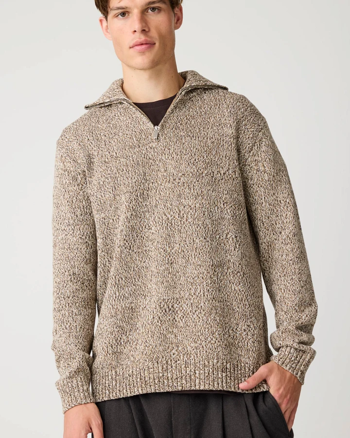 KnowledgeCotton Apparel Herren vegan Pullover Mit Viertelreißverschluss Braun Mehrfarbig