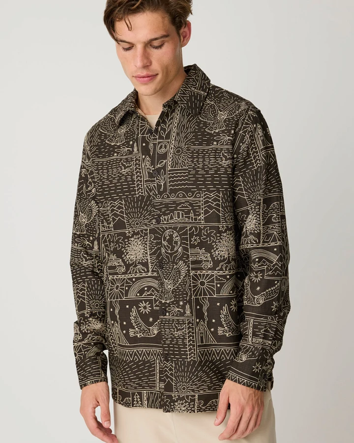 KnowledgeCotton Apparel Herren vegan Hemd Sleet Comfort Print Dunkelbraun