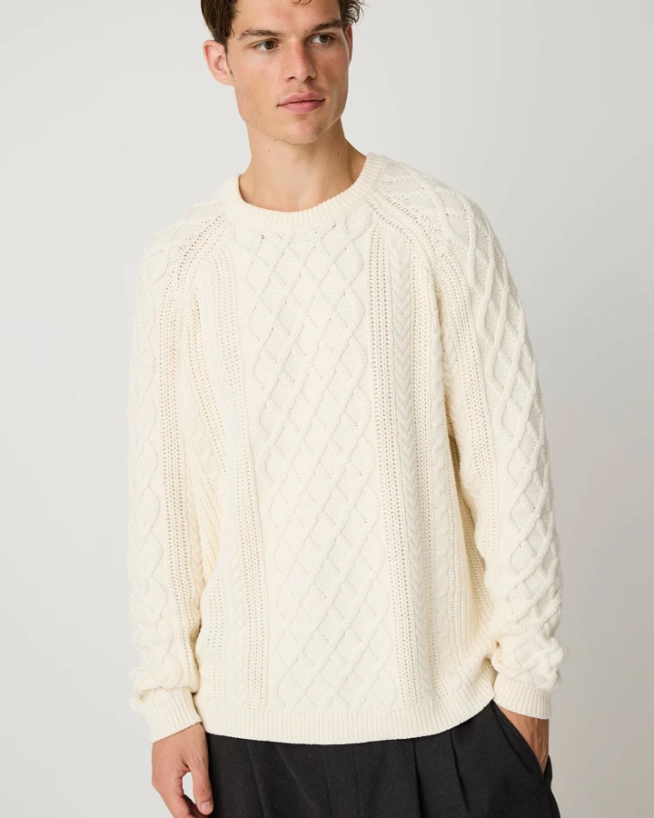 KnowledgeCotton Apparel Herren vegan Pullover Mit Zopfmuster Farbe Egret White