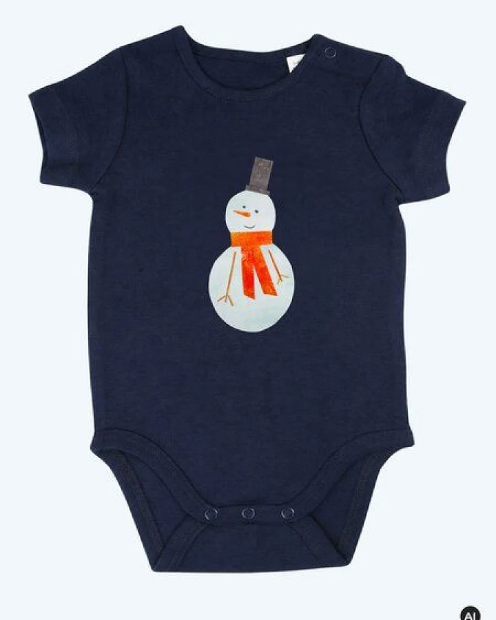 MELAdi Kinder Baby-Body aus Biobaumwolle - Schneemann auf Navy Blue