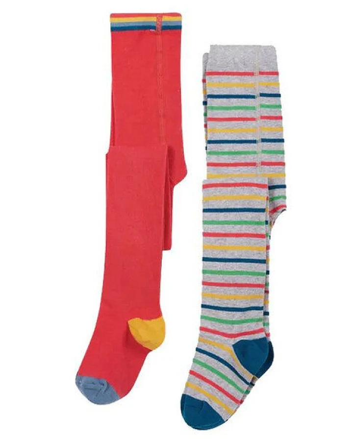 Frugi Doppelpack Strumpfhosen rot und grau geringelt