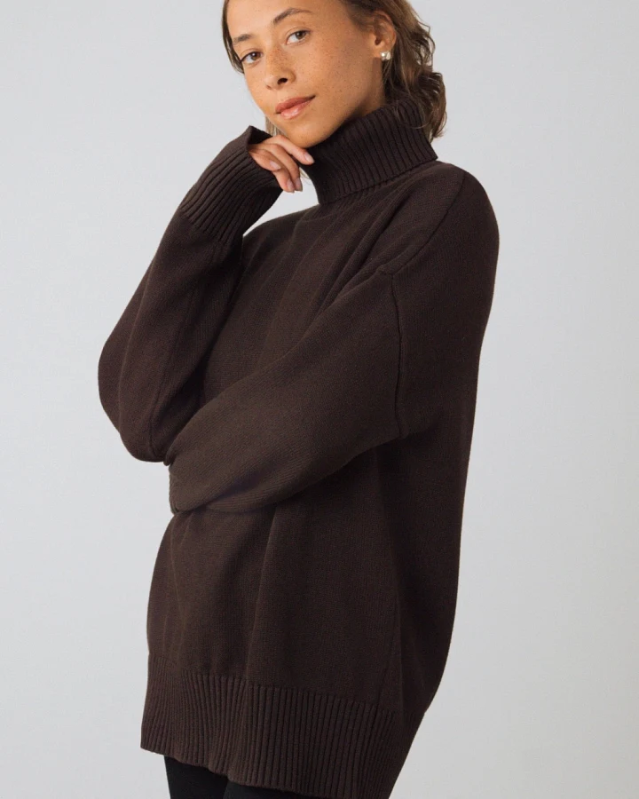 Honest Basics Damen vegan Rollkragenpullover Grob Gestrickt Torfbraun