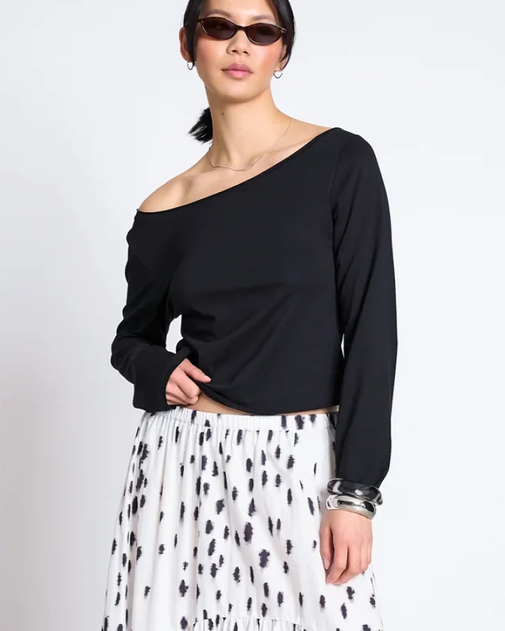 JAN N JUNE Damen vegan Langarm Top Mit Schulterfreiem Ausschnitt Arba Schwarz