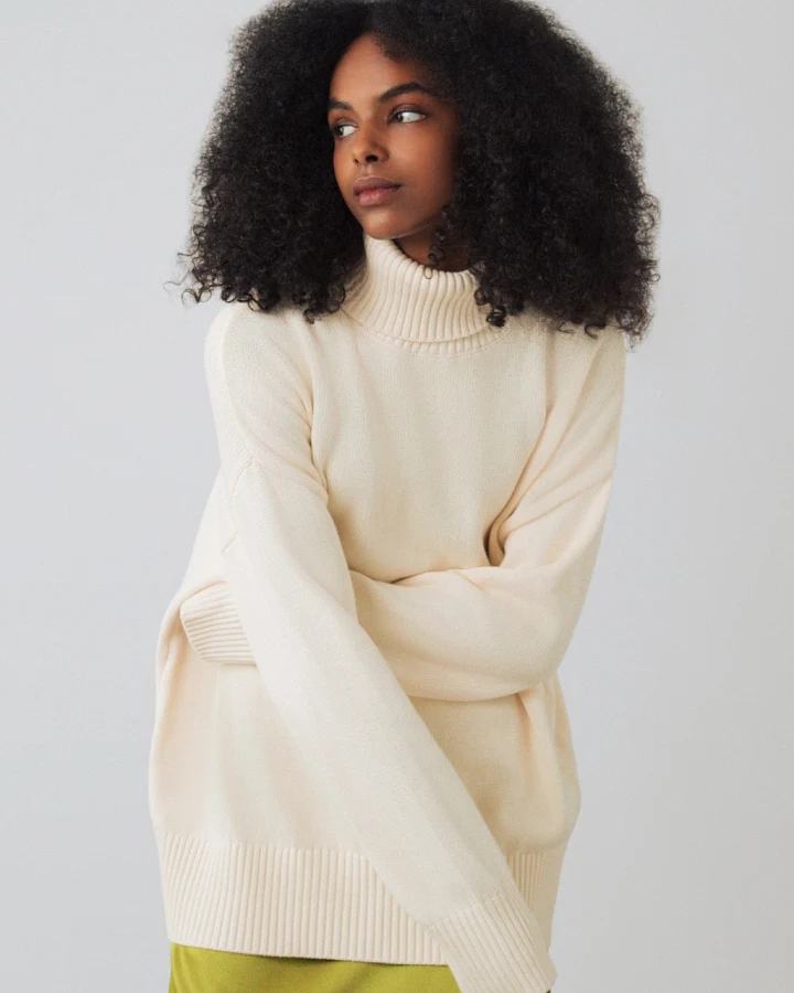 Honest Basics Damen vegan Rollkragenpullover Grob Gestrickt Weiß