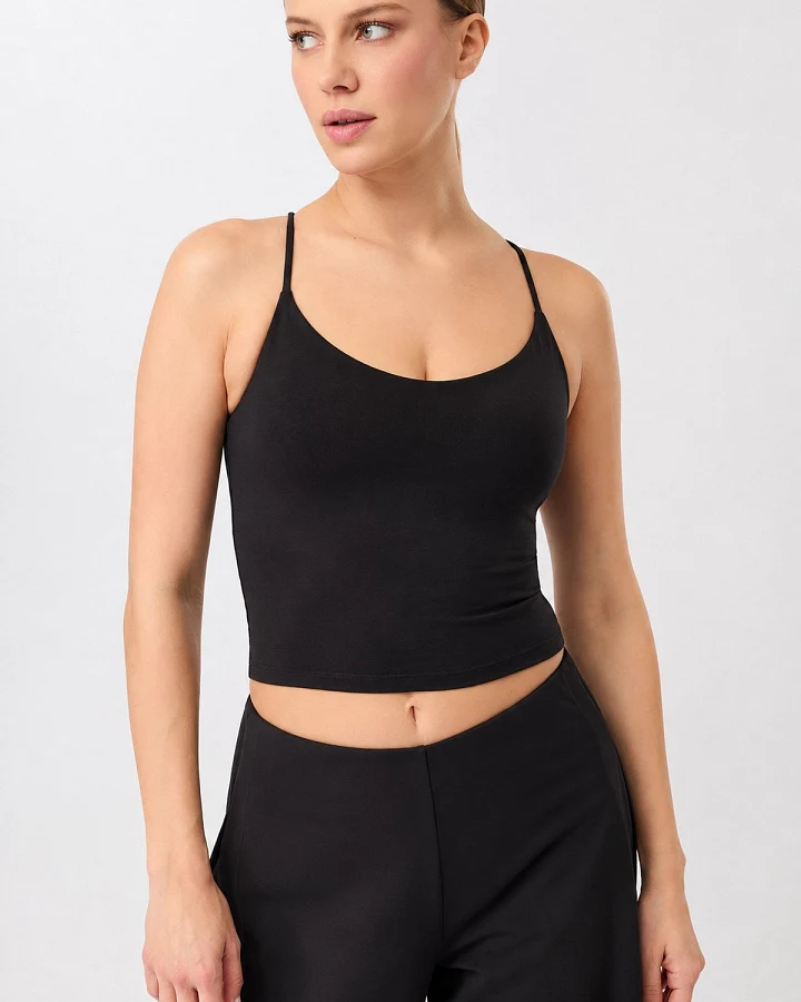 MANDALA Damen vegan Sport Top Kurz Geschnitten Pilates Schwarz