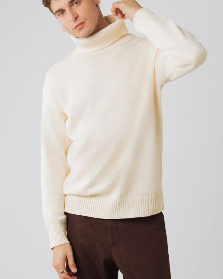 Honest Basics Herren vegan Rollkragenpullover Grob Gestrickt Cremefarben