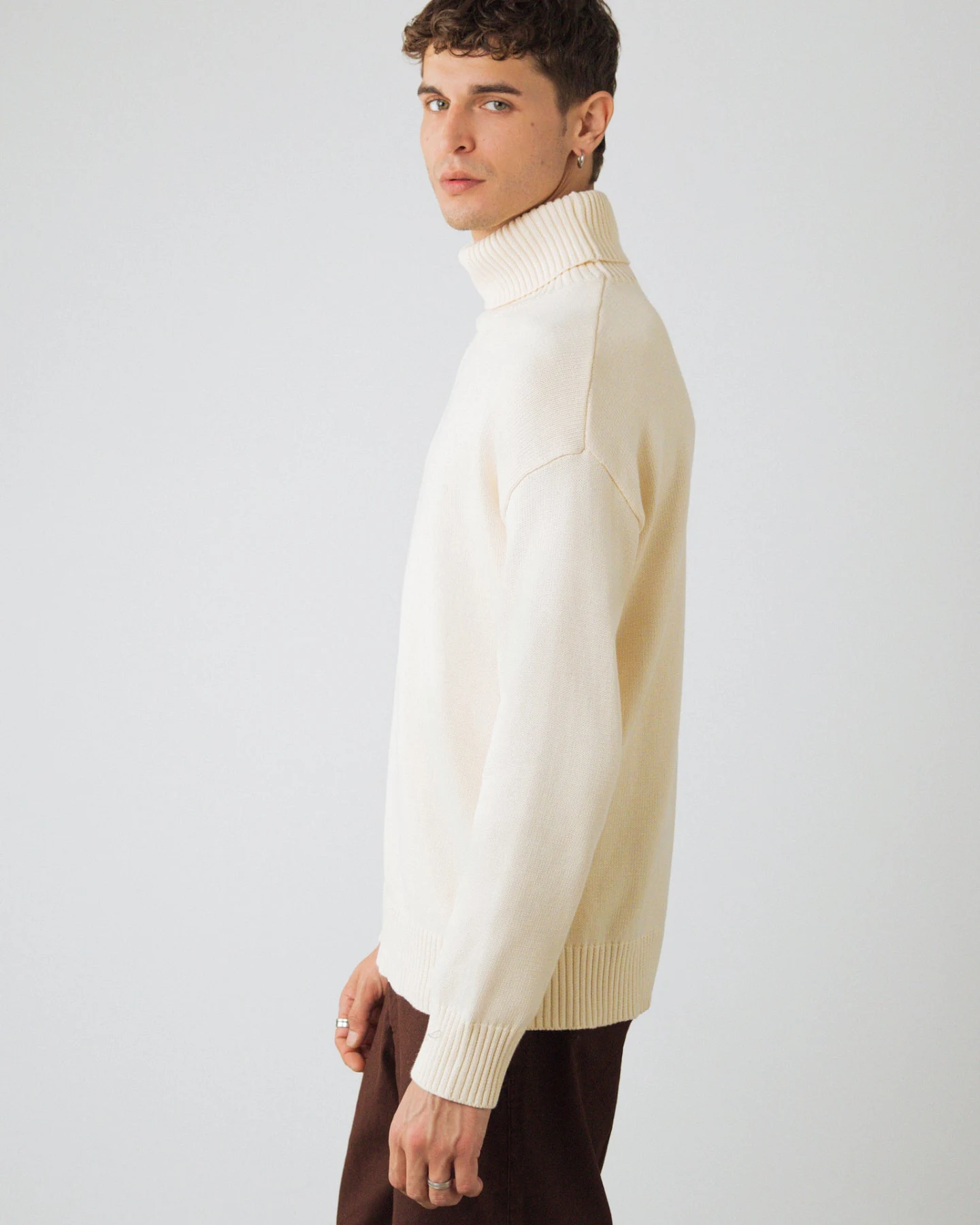 Honest Basics Herren vegan Rollkragenpullover Grob Gestrickt Cremefarben – Ansicht 2
