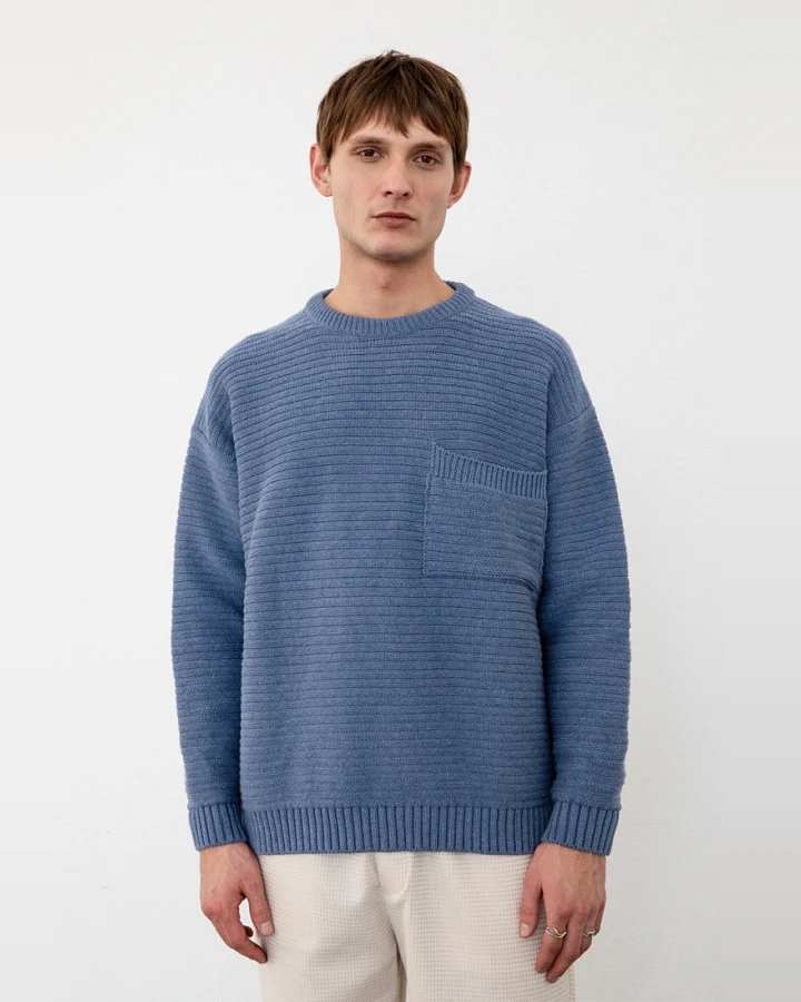 Rotholz Herren vegan Pullover Gestrickt Gerippt Blau