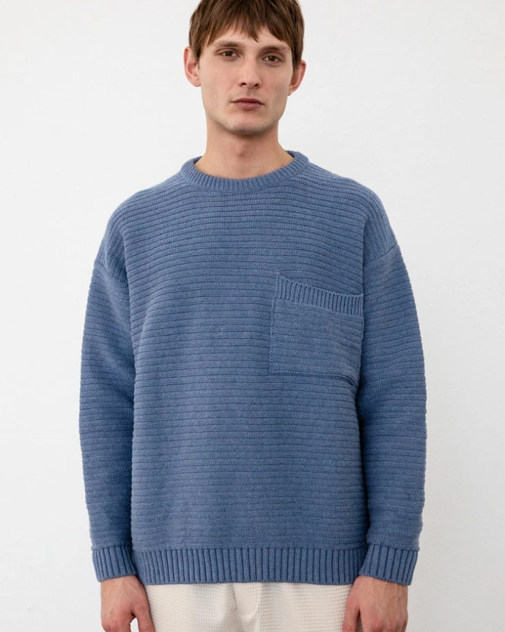 Rotholz Herren vegan Pullover Gestrickt Gerippt Blau