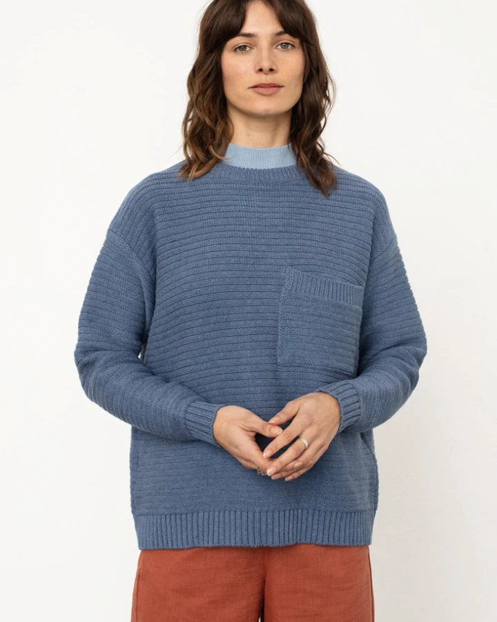 Rotholz Damen vegan Pullover Gestrickt Gerippt Blau