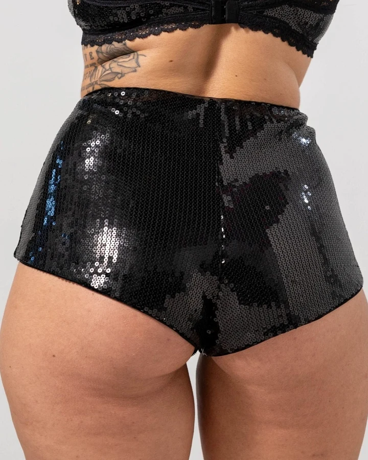 Understatement Damen vegan Slip Pailletten Mesh Hotpants Schwarz